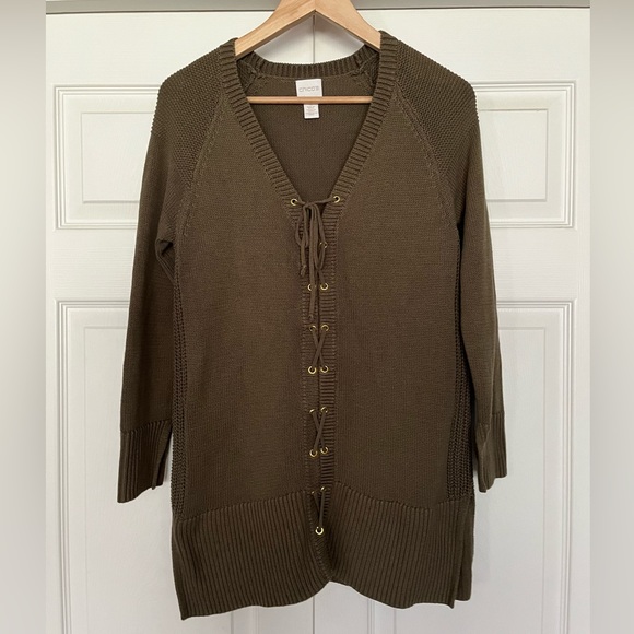 {Chico's} Lace Up V-Neck Knit Sweater in Olive Green - Women's 0 (Small) - Picture 1 of 11